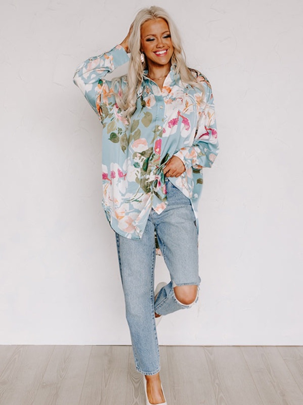 Entro Floral Print Button-Up Silky Blouse in Sky Blue
